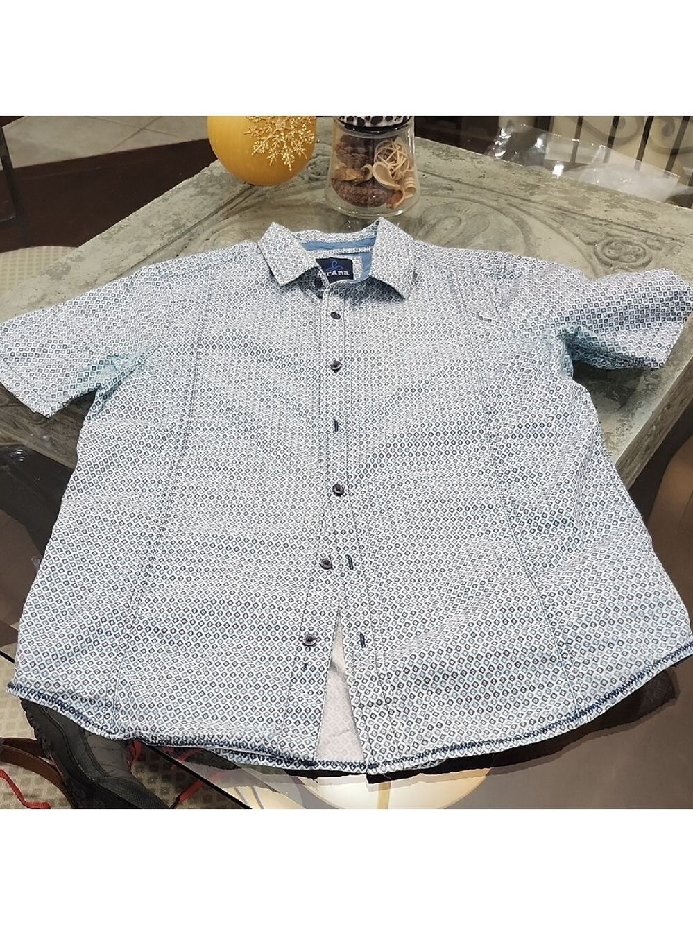 Prana mens blue paterned short sleeve shirt medium